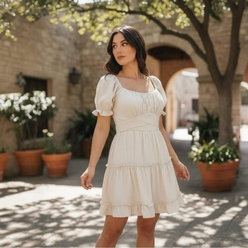 Trixxi Tan Puff Sleeve Peasant Mini Dress - Size Small - Picture 1 of 10